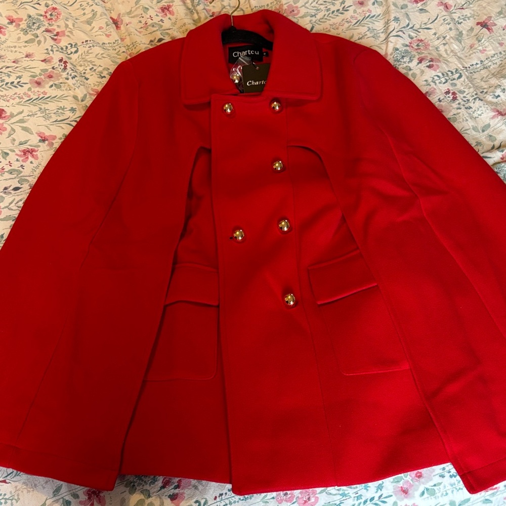 Charter Club Red Double-Breasted Pea Coat with Gold Buttons